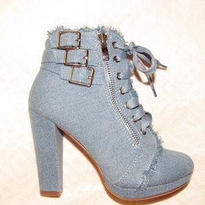 Light Denim Blue Block Heel Booties